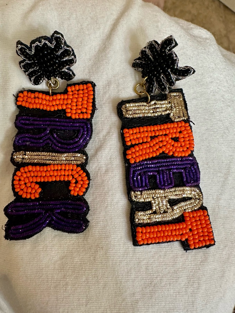 Beaded 'Treat Trick' Earrings - Orange, Purple & Gold - Picture 2 of 3